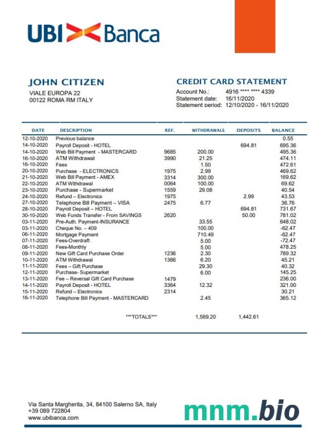 Wyciąg bankowy Włochy UBI BANCA łatwy do wypełnienia szablon w formacie Excel i PDF
